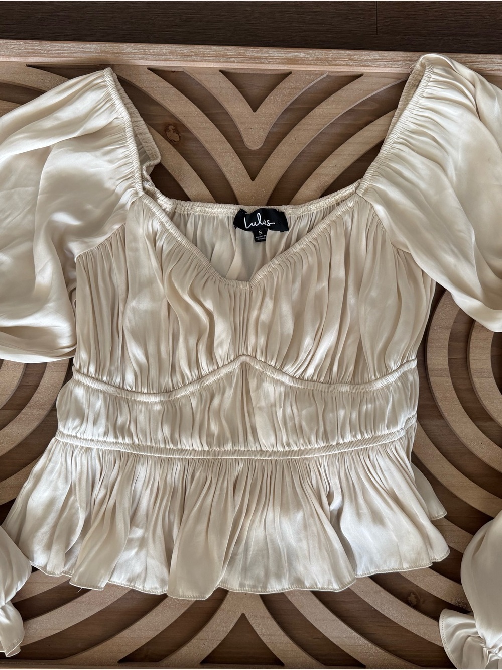 Lulu's Ivory Ruched Peplum Puff-Sleeve Blouse